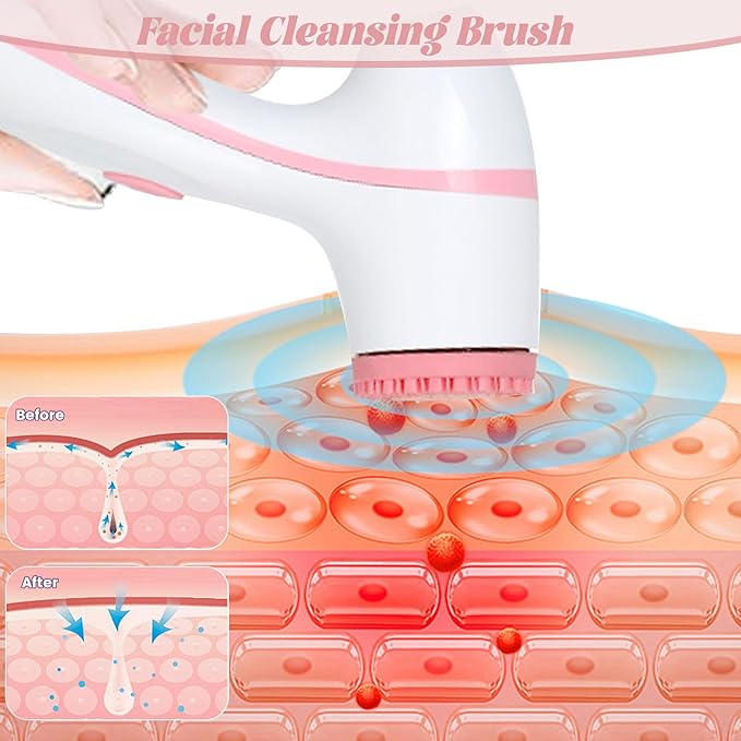 Facial Cleansing Brush, 3in1 Silicone Face Scrubber, Waterproof Facial Scrubber for Deep Cleansing, Rechargeable Face Exfoliation Brush with 2 Adjustable Speeds, Face Spin Brush for Women Men (Pink)
