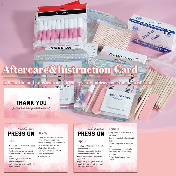 Press On Nail Tool Kit for Business - Prep Application Disposable Kit With File, Glue, Prep Pads, Instruction Card, Adhesive Tabs, Wood Stick, Holographic Bag (50pcs in Pink)