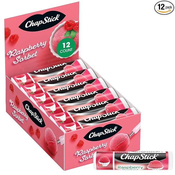 ChapStick Lip Moisturizer, Raspberry Sorbet, 12-Pack – Bulk Lip Balm, Luscious & Sweet, 0.15 Oz Ea