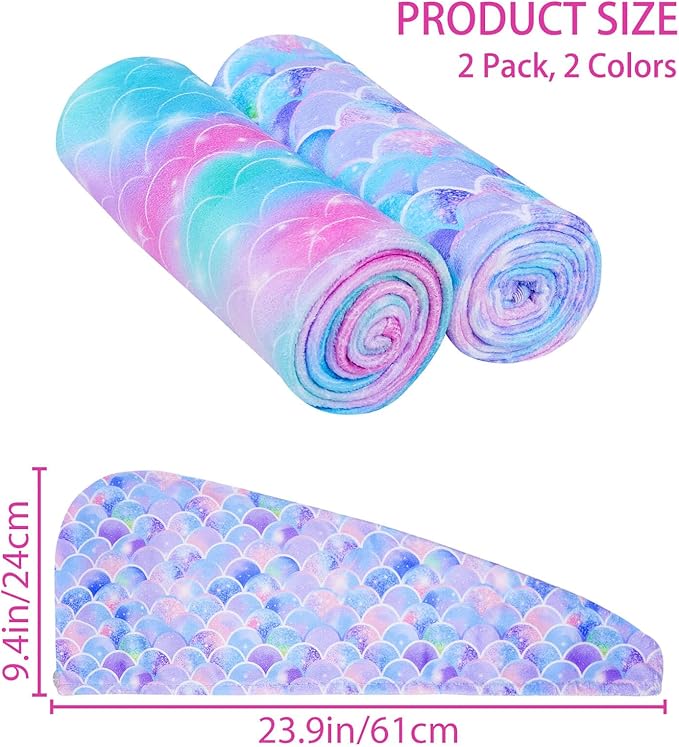 Basumee Microfiber Hair Towel Wrap for Kids 2 Pack Rapid Drying Hair Towel with Button Hair Turbans for Wet Hair Wraps Head Towel Wrap for Women and Girls, Light Mermaid