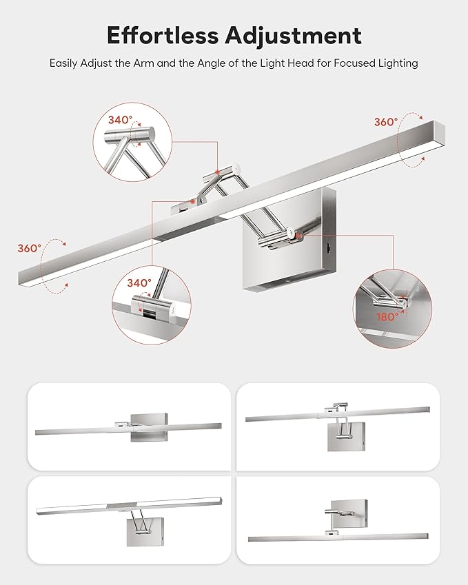 VONLUCE 30" LED Bathroom Vanity Light, 3CCT Modern LED Vanity Lights with 360° Rotatable Head Swing Arm, 11.4W Bathroom Light Fixture Over Mirror, LED Lights for Bathroom Bedroom, Brushed Nickel