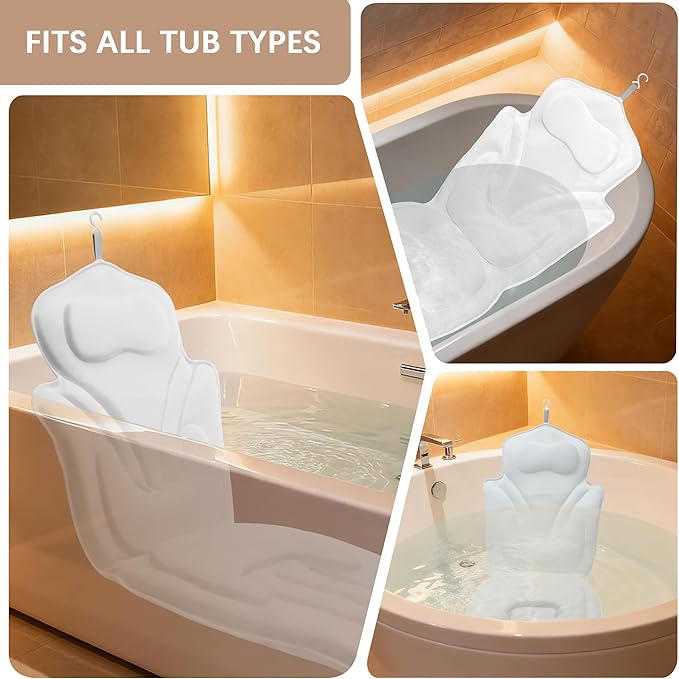 Ergonomic Full Body Bath Pillow for Bathtub, 5D Luxury Spa Cushion with 114 Non-Slip Suction Cups, Extra Long Thick Bath Pillow for Full Body Support, for Adult with Laundry Bag & Hook