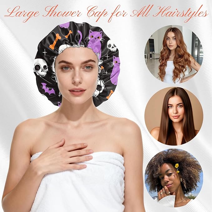 Shower Cap Reusable Double Layer Adjustable Elastic Waterproof EVA Hair Bath Caps for Women Girls Cute Aesthetic-Cat
