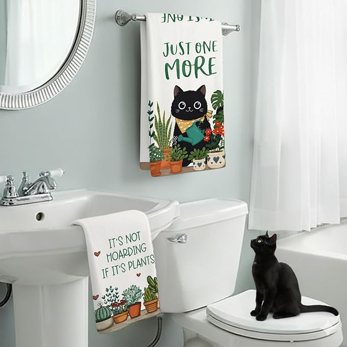 Accnicc 2 Pack Black Cat Bathroom Hand Towels Decorative Potted Plants Dish Kitchen Towel 16x27 Inch Cute Botanical Cactus Absorbent Soft Microfiber Bath Towels Hotel Spa Decor