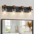 4-Light Farmhouse Bathroom Light Fixtures, Wood Matte Black Vanity Lights Over Mirror with Clear Glass Shades, Rustic Bathroom Lighting Wall Mounted Lamps for Living Room, Cabinet, Porch