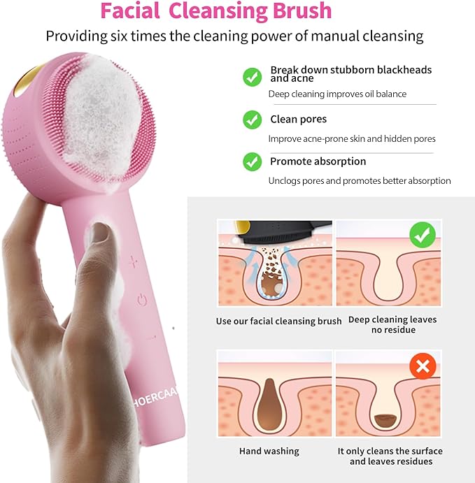 Facial Cleansing Brush Electric – Rechargeable Silicone Face Scrubber, Waterproof Vibrating Cleaner with 5 Adjustable Intensities for Deep Cleansing and Exfoliation (Pink)