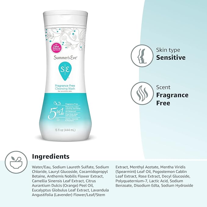 Summer's Eve Fragrance Free All-Over Feminine Wash, Gentle pH-Balanced Body Wash for Women, Removes Vaginal Odor, 15 Fl Oz (Pack of 2)