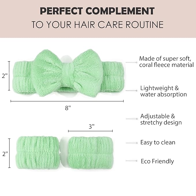 Ayesha Green Spa Headband and Wristband Set for Skincare Makeup Headband Wrist Cuffs for Washing Face Bubble Skincare Hairband for Women Girls