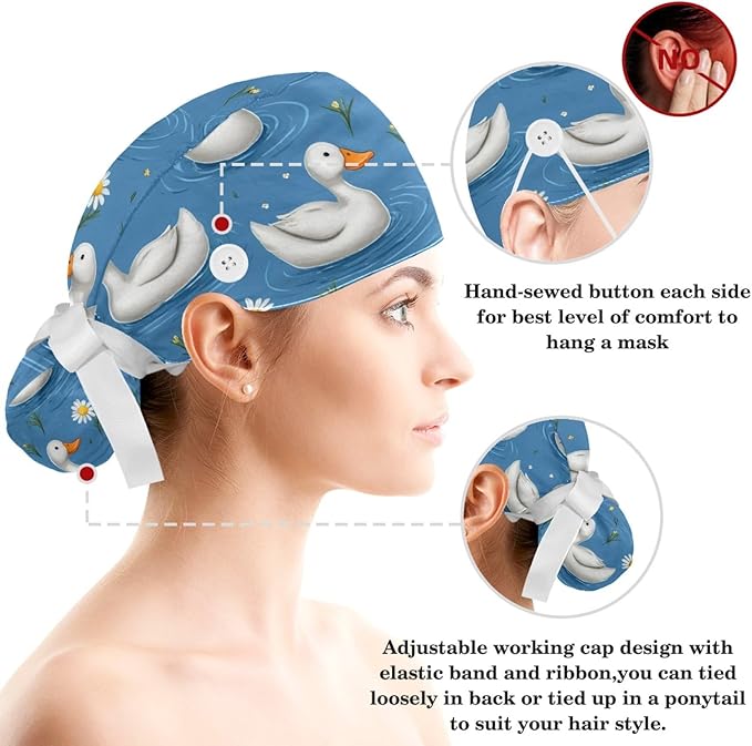 Scrub Caps Women Ponytail Cute Pink and White Leaves Caps Bouffant Working Hat Elastic Tie Back Hats with Button