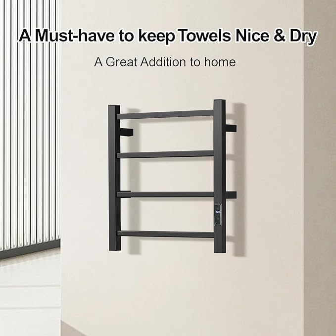 HARNDY Electric Towel Rack with Voice Control for Alexa & Google Home,TUYA - Wall-Mounted Bathroom Heating Towel Warmer,Plug-in,Stainless Steel Material (Square Black with Timer, 4 Bar)