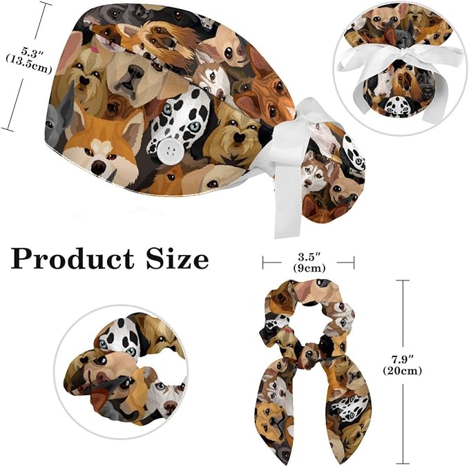 Adjustable Brown Dachshund Dog Blue Surgical Scrub Cap with Button,Sweatband for Women with Bow Hair Scrunchy