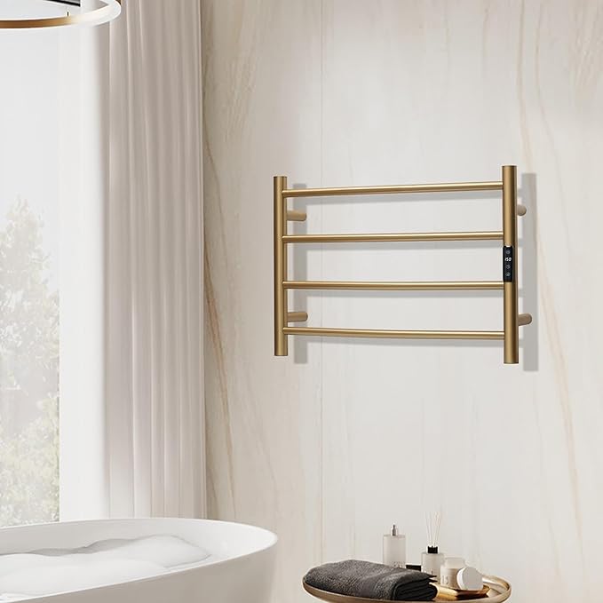 Electric Towel Rack with Voice Control for Alexa & Google Home,TUYA - Wall-Mounted Bathroom Heating Towel Warmer,Plug-in,Stainless Steel Material,16.54x23.62x5.51 in,Gold，4 Bars