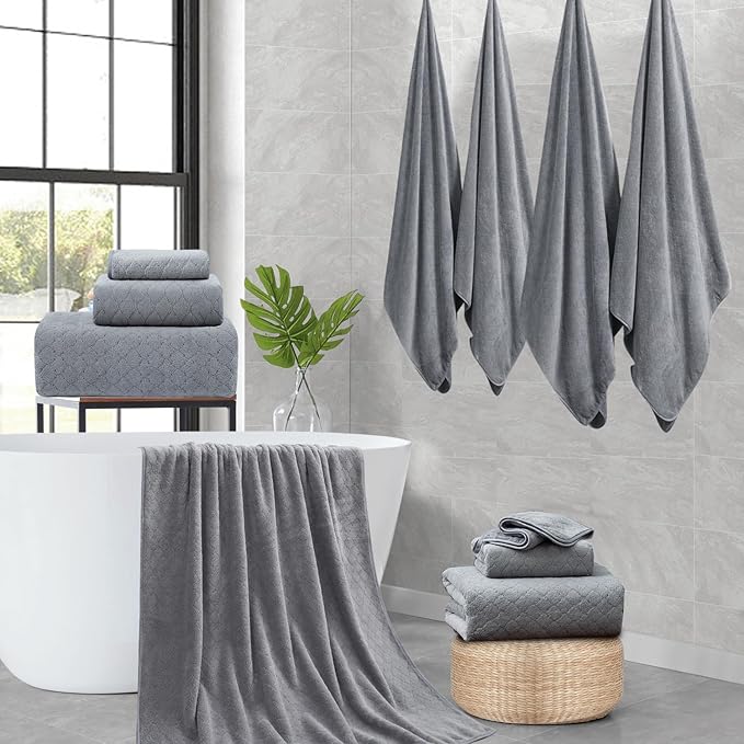 Ycosy 8-Piece Bath Towels Set,2 Oversized Bath Sheet,2 Hand Towels and 4 Washcloths - 600 GSM Soft Microfiber Highly Absorbent Quick Dry Bath Sheet Collection for Bathroom Hotel and Spa,Grey