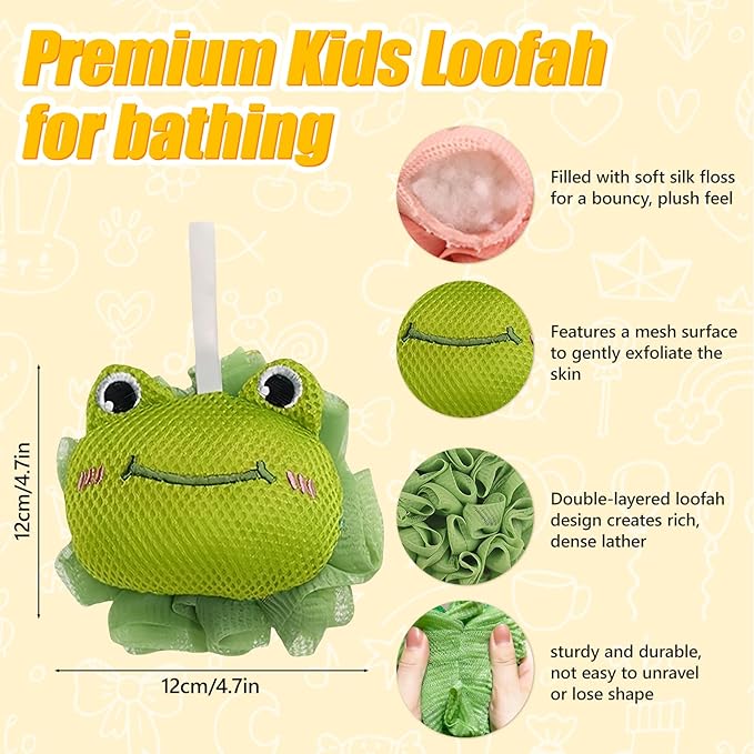 Kids Loofah, Cute Cartoon Animal Kids Bath Sponge with Hanging Rope, Soft Double Mesh for Rich Lather (Green Frog)