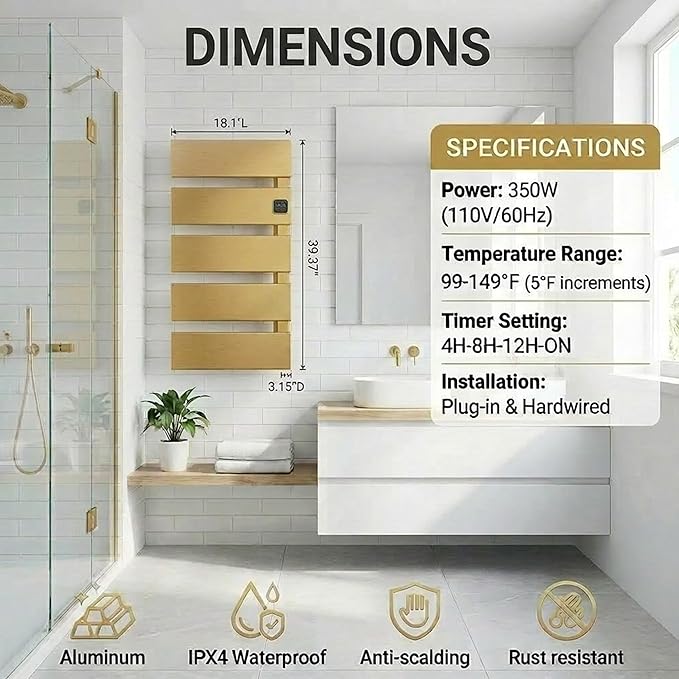 Electric Towel Warmer, Heated Towel Rack with Thermo Control and Timer, Fast Heating Towel Rail for Bathroom with Memroy Function, Work with Smart Plug, Right-Wiring, 5 Panel, Gold