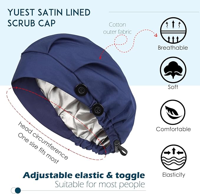 2 Pack Satin Lined Bouffant Scrub Caps with Buttons, Adjustable Scrub Caps for Women Men