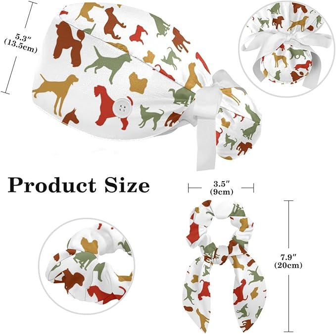 Adjustable Brown Dachshund Dog Blue Surgical Scrub Cap with Button,Sweatband for Women with Bow Hair Scrunchy