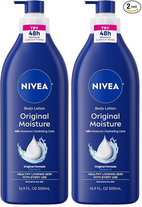NIVEA Original Moisture Body Lotion with Vitamin E,48-Hour Body Moisturizer for Normal to Dry Skin,16.9 Fl Oz Pump Bottle, (Pack of 2)