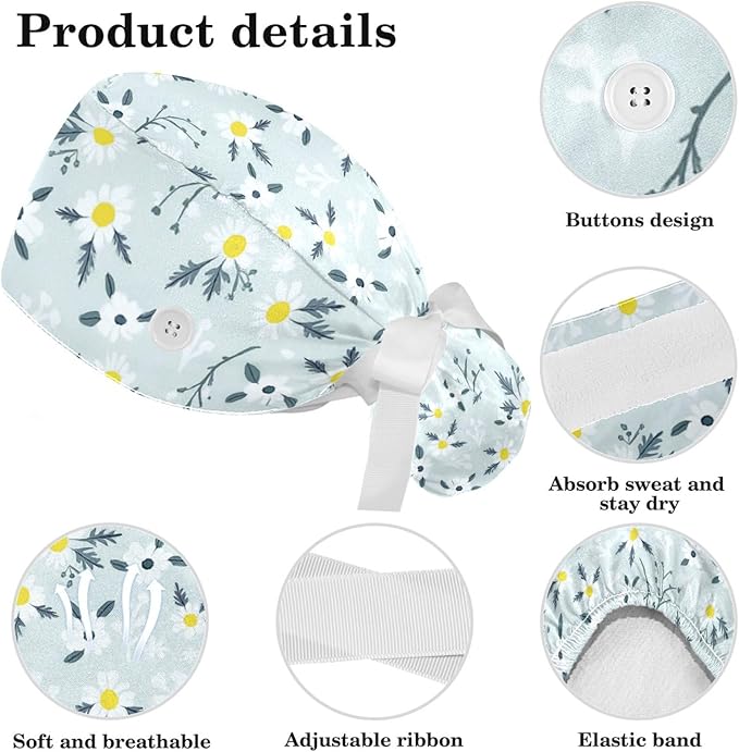Scrub Caps Women Nursing Hats Floral Flowers with Buttons Ponytail Working Adjustable Pouch Tie Back