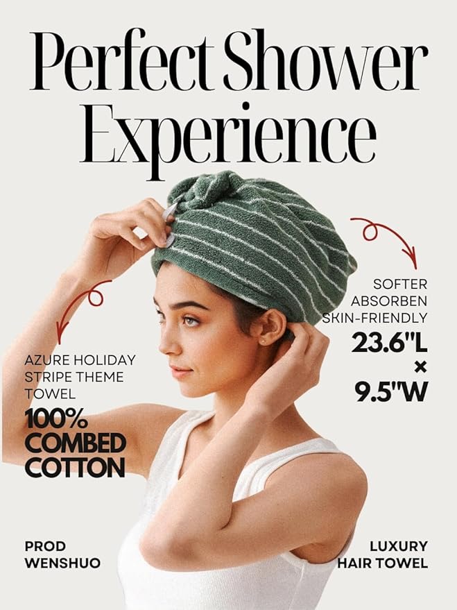 WENSHUO Frosted Pines-Striped Hair Towel Wrap-Drying Tool,100% Combed Cotton,Luxury Hair Dry Towels,Super Absorbent with Button Fasten(Pack of 1)