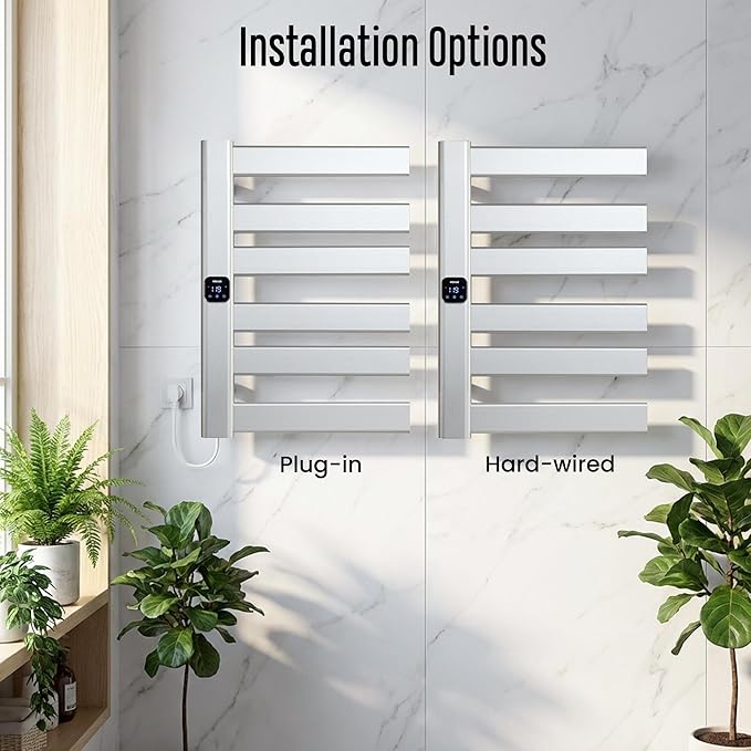 Towel Warmer, Heated Towel Rack with Built-in Timer and Temperature Control,Hard-Wired(Left-Wiring)/Plug-in Wall-Mounted Towel Rail, Aluminum, 18.8" W X 25.6" H, Silver
