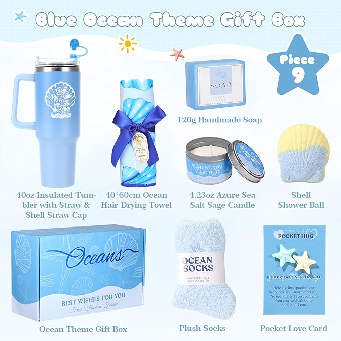 Mothers Day Gifts for Mom, Self Care Gift Basket for Women, Relaxation Spa Gift Set with Tumbler, Blue Ocean Gift Baskets for Mom, Wife, Grandma