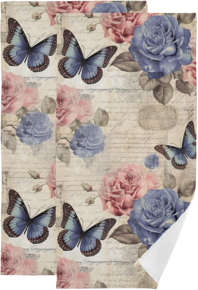 Vintage Pink Blue Rose Floral Butterfly Hand Towels for Bathroom Set of 2,Retro Peony Flower Decorative Bathroom Towels for Bath,Face,Hair,Soft Absorbent Dish Towels for Kitchen Decor 28"x14"