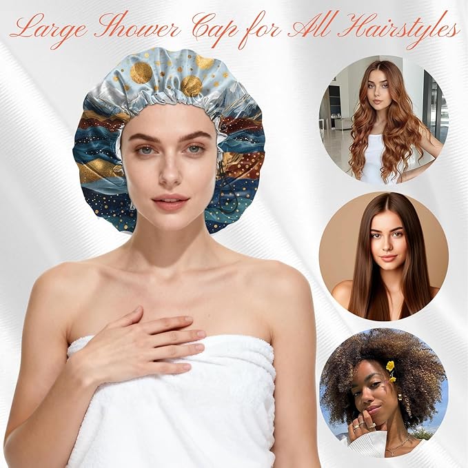 Shower Cap Reusable Double Layer Adjustable Elastic Waterproof EVA Hair Bath Caps for Women Girls Cute Aesthetic-Mountain