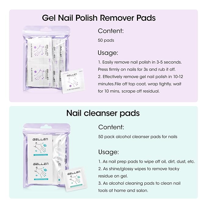 Gellen 100 Pack Nail Cleanser Pads and Polish Remover Pads, Acetone Nail Polish Remover Pads, Alcohol Wipes for Nails, Quick & Easy Removal, Individually Wrapped Travel Set for Perfect Nail Art