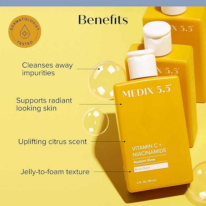 MEDIX Radiant Glow Vitamin C Body Wash W/ Niacinamide | Citrus Scented Gentle Body & Face Cleanser For Women, Men, Dry Skin, & Smoother-Looking Skin | Removes Dirt, Oil, & Impurities, 3PC Travel Size