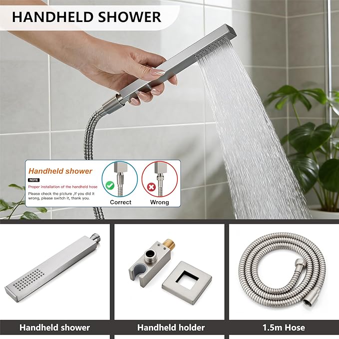 Midanya Shower System with Tub Spout,Bathtub Shower Faucet Set with Square Rainfall Head and Handheld Sprayer Wall Mount Tub Faucet Set with Valve and Trim Kit,16 Inch Brushed Nickel