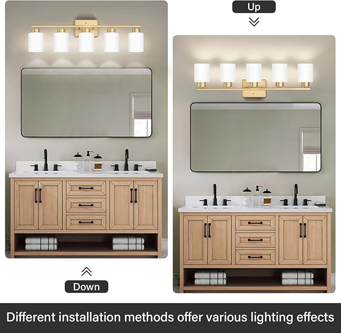 FonmYim Gold Bathroom Light Fixtures, 5-Light Modern Vanity Light Over Mirror, Wall Sconces with Milky White Frosted Glass Shades, E26 Socket (Bulbs Not Included)