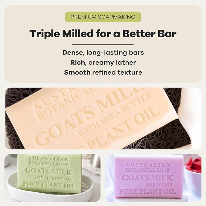 Australian Botanical Soap Goat Milk Soap Collection, 6.6 oz Bars, Goats Milk with Shea, Pink Melon, Lemongrass, and Raspberry, Organic African Shea Butter, 2 Bars of Each - Variety Pack of 8
