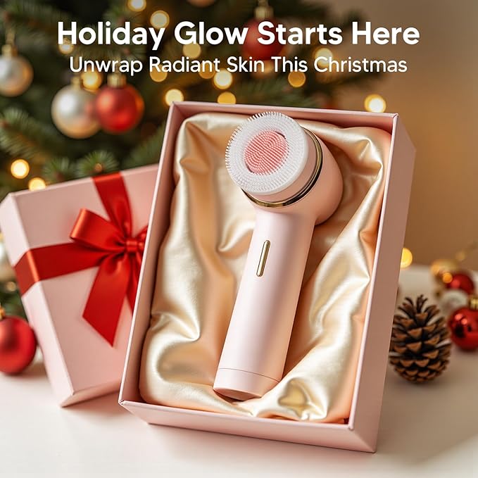 Electric Facial Cleansing Brush for Teen Girls, Rechargeable Waterproof Dual Rotating Face Scrubber with 3 Interchangeable Heads, Soft Silicone Face Brush, Pink