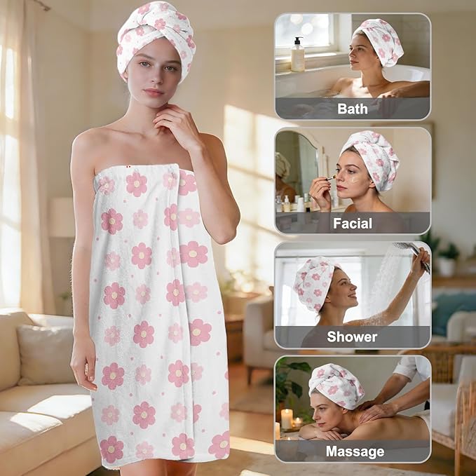 Absorbent Bath Towel Wrap Set for Women, Pink Flowers Print Towel Wrap After Shower, Microfiber Shower Robe Body Towel Wraps for Women, Quick Dry Hair Towels Wraps for Spa Hotel Beach Girl