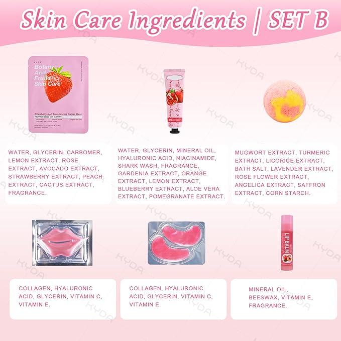 KYDA 132PCS SPA Party Supplies for Women, Include Face Masks, Hand Cream, Lip Balm, Under Eye Patches, Lip Mask, Foot Bath Bomb, Hair Tie and Hair Band, Spa Birthday Sleepover Party Supplies for Girl