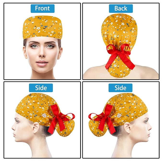 Scrub Caps Women Bouffant Scrub Caps, Adjustable Working Cap Ponytail Pouch Tie Back