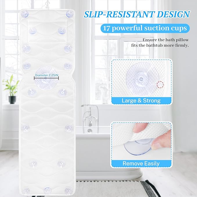 TranquilRelax Bath Pillow for Tub with Laundry Bag & 17 Non-Slip Suction Cups, Extra Thick and Soft Bathtub Pillow for Head, Neck & Shoulder Support, 51" x 16" White