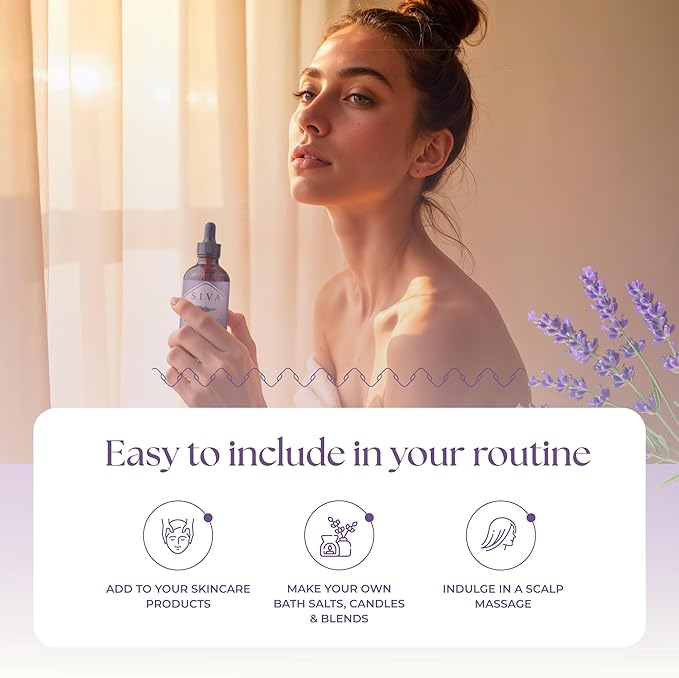 Siva Lavender Essential Oil - 4 Fl Oz – 100% Natural Lavender Oil - for Diffuser, Face, Skin Care, Aromatherapy, Hair Care, Scalp and Body Massage - with Dropper