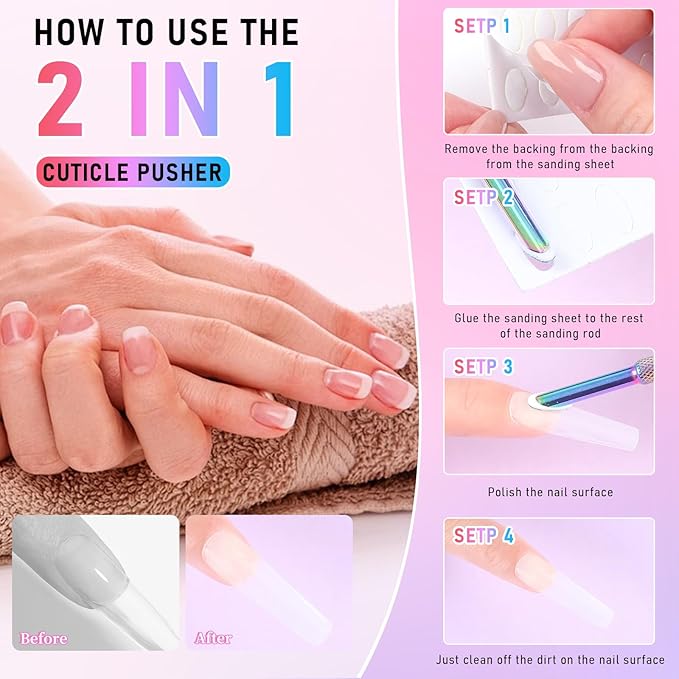 Dual Ended Cuticle Remover,Pre-Treatment Cuticle Pusher with 100#/240# Grit Sandpaper Sheets Pre-Treatment Cuticle Nail Tool for Salon & Home Use