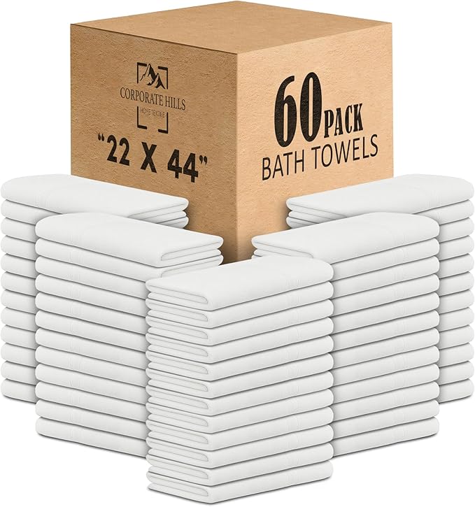 CH White Bath Towels Bulk Pack of 60 (22x44 Inches) – Pure Cotton Lightweight & Absorbent Towels for Airbnb, Hotels, Motels & Commercial Use