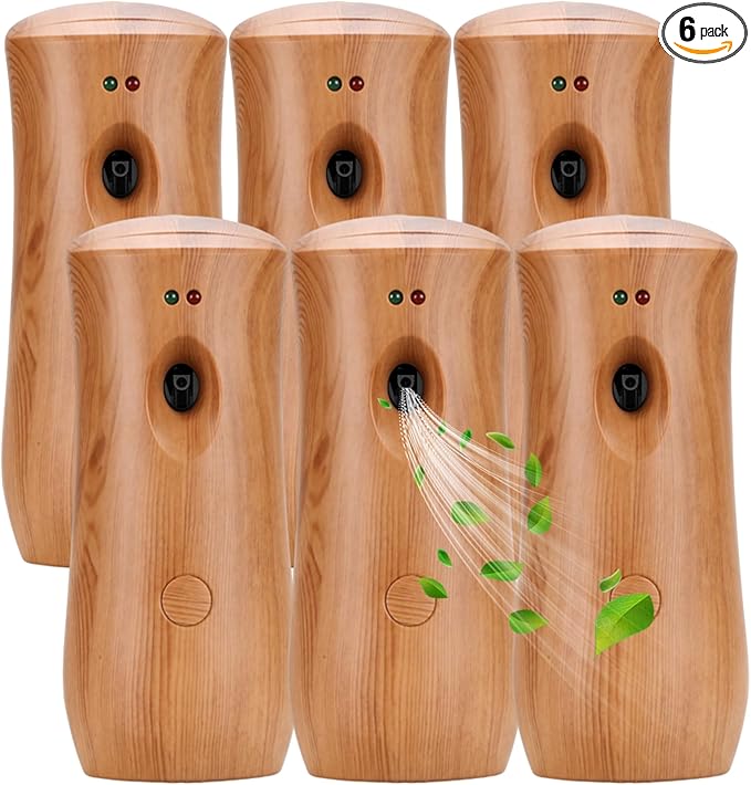 Automatic Air Freshener Spray Dispenser (6-Pack), Free Standing or Wall Mounted Adjustable Aromatherapy Machines for Home, Indoor, Bathrooms, Offices, Hotels and Commercial Places (Wood, 001)
