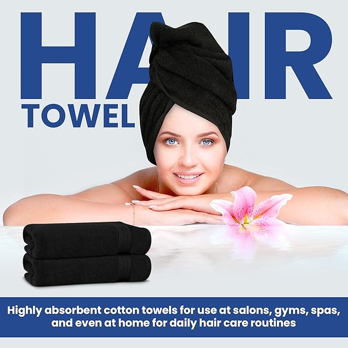 Linteum Textile Supply Luxury Hair Towels 100% Ring Spun Cotton Bleach Proof Hair Towel for Women, Men, Kids | 20x40 inches Quick Dry Towels for Gym, Beauty, Spa, Salon | Pack of 6 | Black
