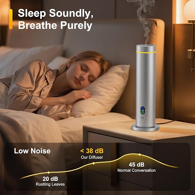 Maromalife Waterless Diffuser, Essential Oil Diffuser, 1000 Sq.Ft Coverage Scent Diffuser – Plug-in Only, Adjustable Mist, Remote, Mood Lights for Home & Office, Large Room, Hotel, Silver