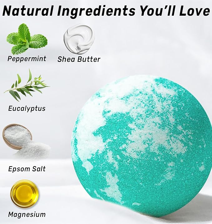 Magnesium Menthol Fizzing Bath Bomb Eucalyptus Peppermint Epsom Salt Refreshing Bubble Spa with Essential Oil Infused Post Workout Sore Muscles Recovery Gift