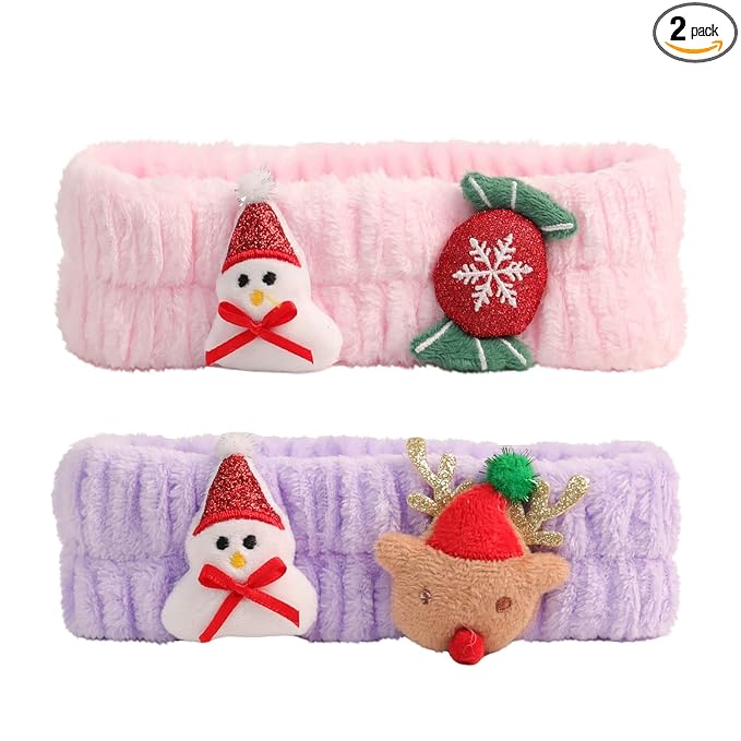 PERFECTSIGHT Kawaii Headband for Spa, Makeup, Washing Face, Party - 2 Pack Cute Christmas Hair Band for Shower Beauty Skincare, Soft Facial Headbands for Girls and Women, Snowman