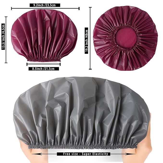 Jumbo Size Shower Cap 2 PCS Waterproof Shower Caps for Women, Extra Large Shower Cap, Reusable Super Large Bath Caps Hair Cap for Long Thick Curly Hair, Locs, Twist Braids - Grey+Purple-red