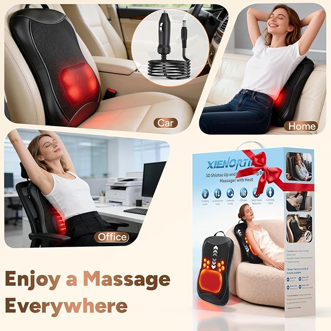 Back Massager with Heat, 4D Rolling Massage Nodes for Upper & Lower Back Pain Relief, 4 Modes & 2 Speeds Deep Tissue, Includes Car Adapter for for Car Office Home & Travel