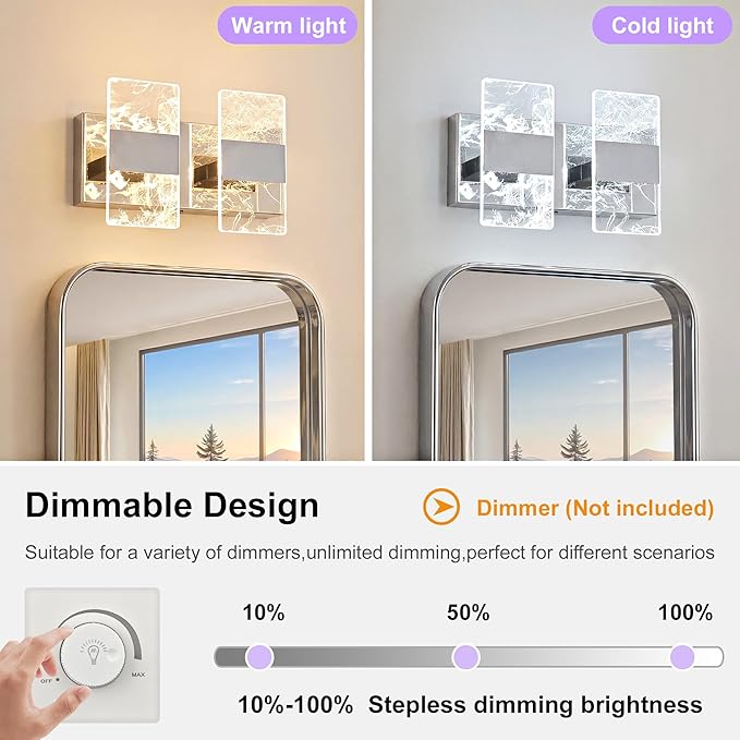 Modern LED Bathroom Light Fixtures Dimmable 2-Light Chrome Vanity Light, 5CCT Adjustable Lighting Fixture Vanity Lights Over Mirror, Smoked Acrylic LED Vanity Lights for Bathroom