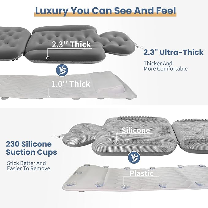 Bath Cushion, Full Body Bathtub Pillow with 160 Suction Cups, Bath Mat for Head and Neck Support, with Laundry Bag (Dark Gray, 60" x 16")